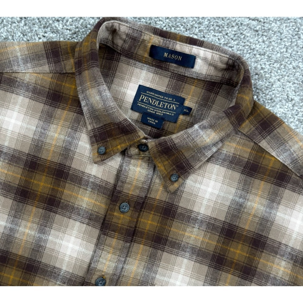 Pendleton Mason Shirt Mens XL Brown Plaid Cotton Flannel Button Down Outdoor